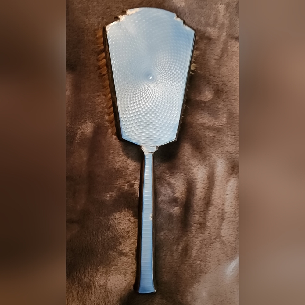VINTAGE STERLING SILVER BLUE ENAMEL VANITY HAIRBRUSH